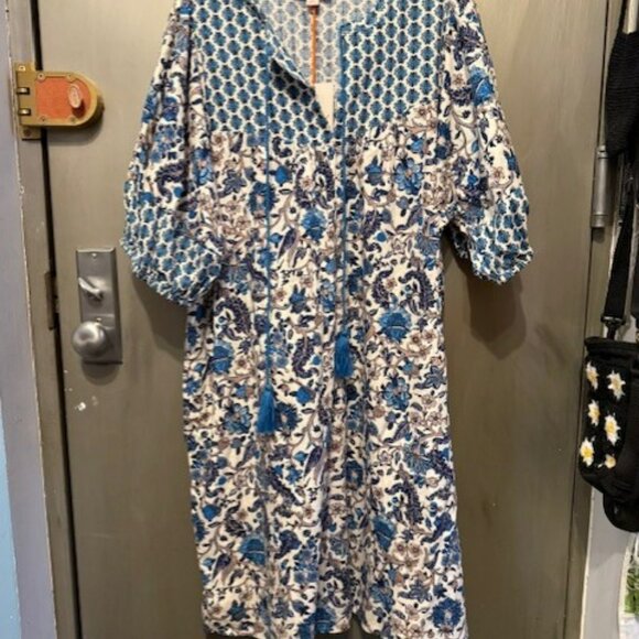 Retro Puff Sleeve Blue Bohemian Floral Tassel Tie Dress - Picture 4 of 16